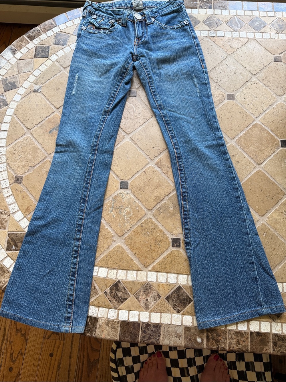 True Religion Blue Denim Jeans with Multicolor Embroidered Pockets